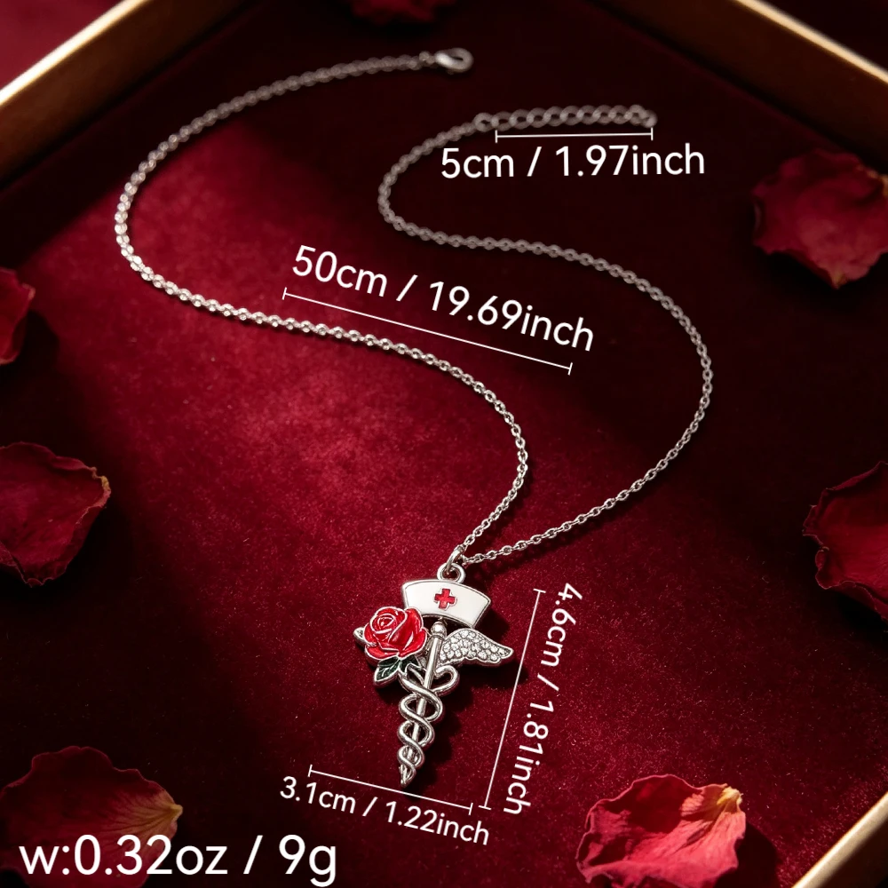 Medical Theme Cross Nurse Cap Red Rose Double Snake Staff Necklace, Gold and Silver Dual-Color Nurse Doctor Commemorative Everyday Versatile Clavicle Chain