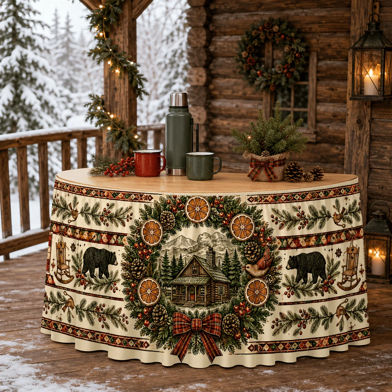 One table skirt - Polyester country cottage Christmas wreath - Suitable for Christmas parties, cafes and festivalsxzj