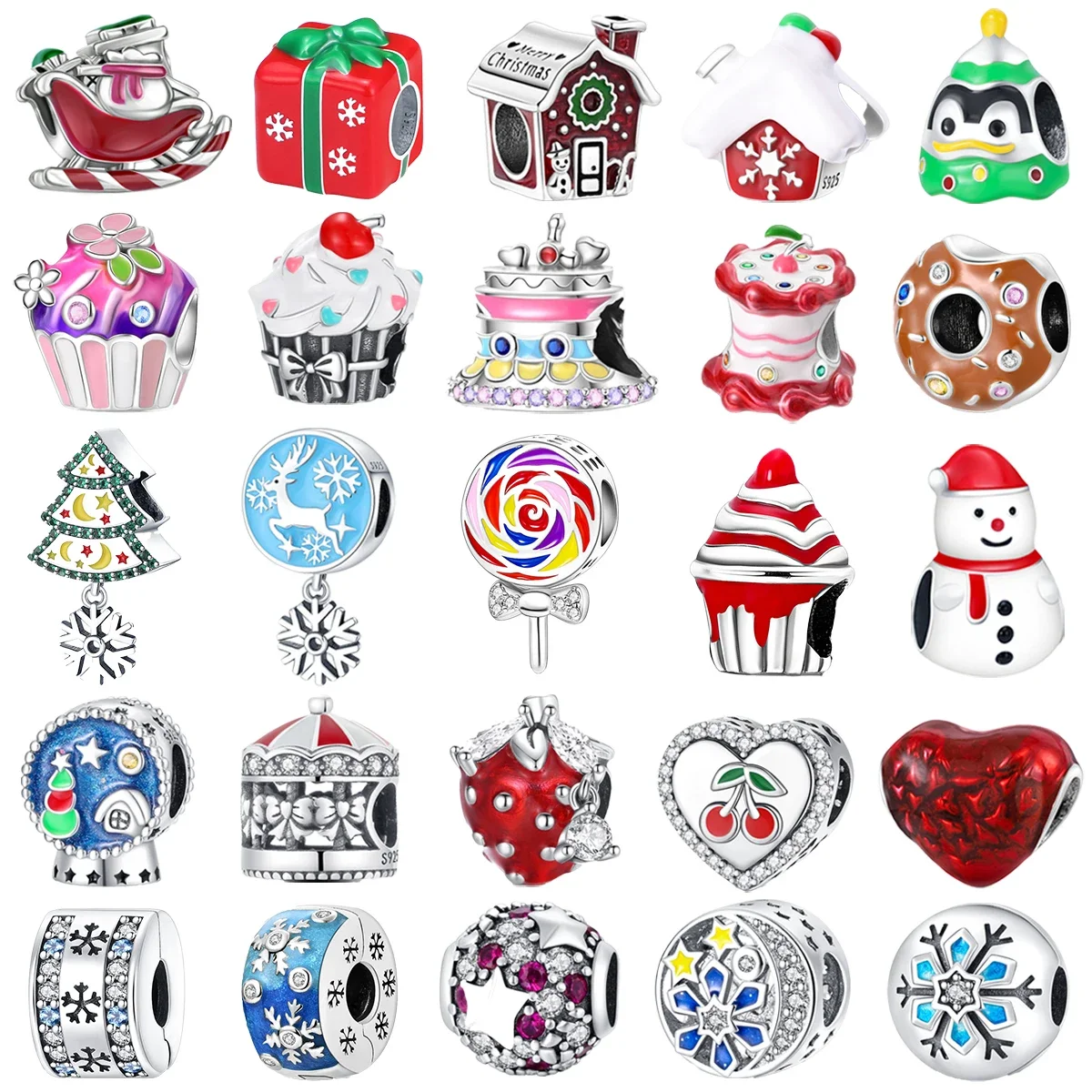 Original 925 Sterling Silver Christmas Candy Cake Cherry Strawberry Beads Charms for Pandora Bracelet DIY Women Jewellery Gift