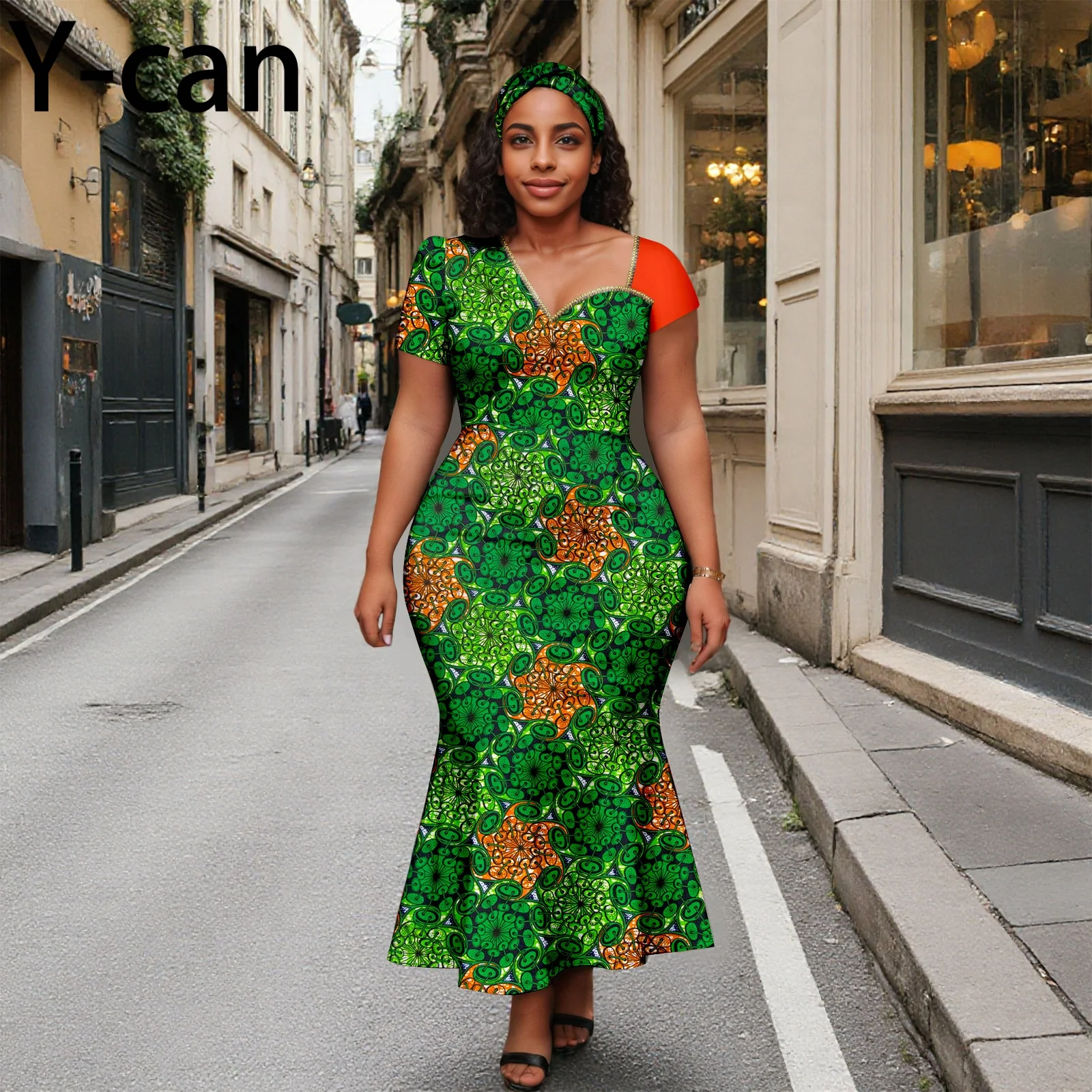 

Ankara Fashion Women's Slim Fit Dress with Short Sleeves Patchwork Dashiki Print Vestidos with Headscarf Party Wedding 2525182