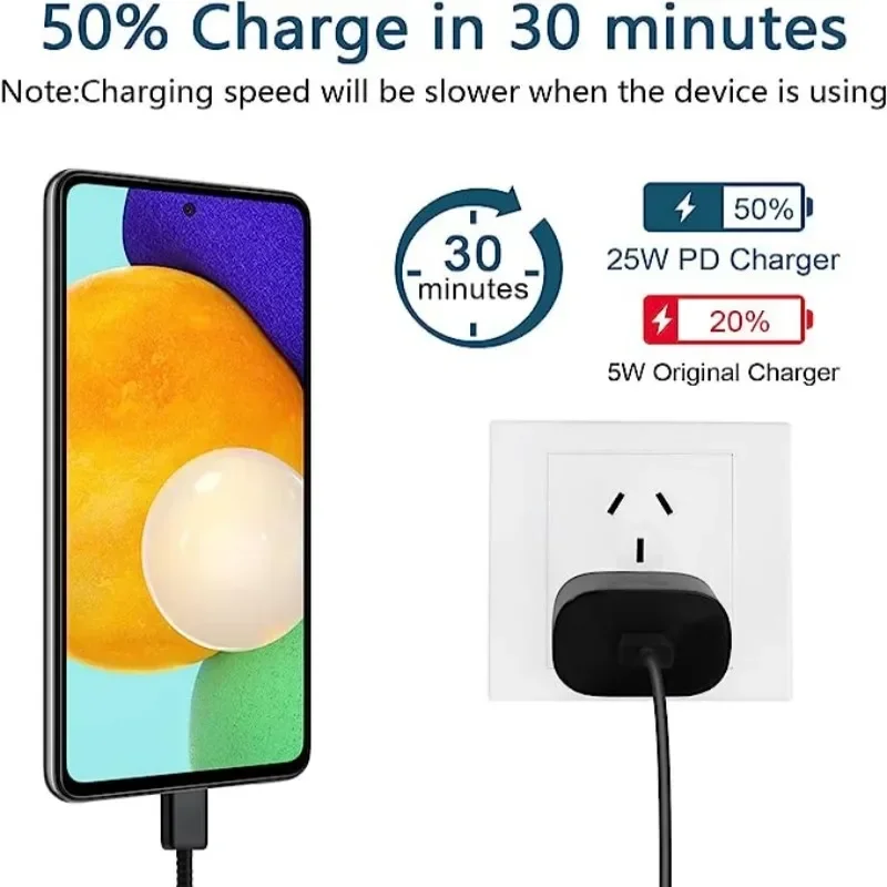 25W Super Fast Charging Power Adapter For Samsung Galaxy S23 S22 S21 S20 USB Type C Cable Note 20 A52 PD Quick Charge 3.0 Cable