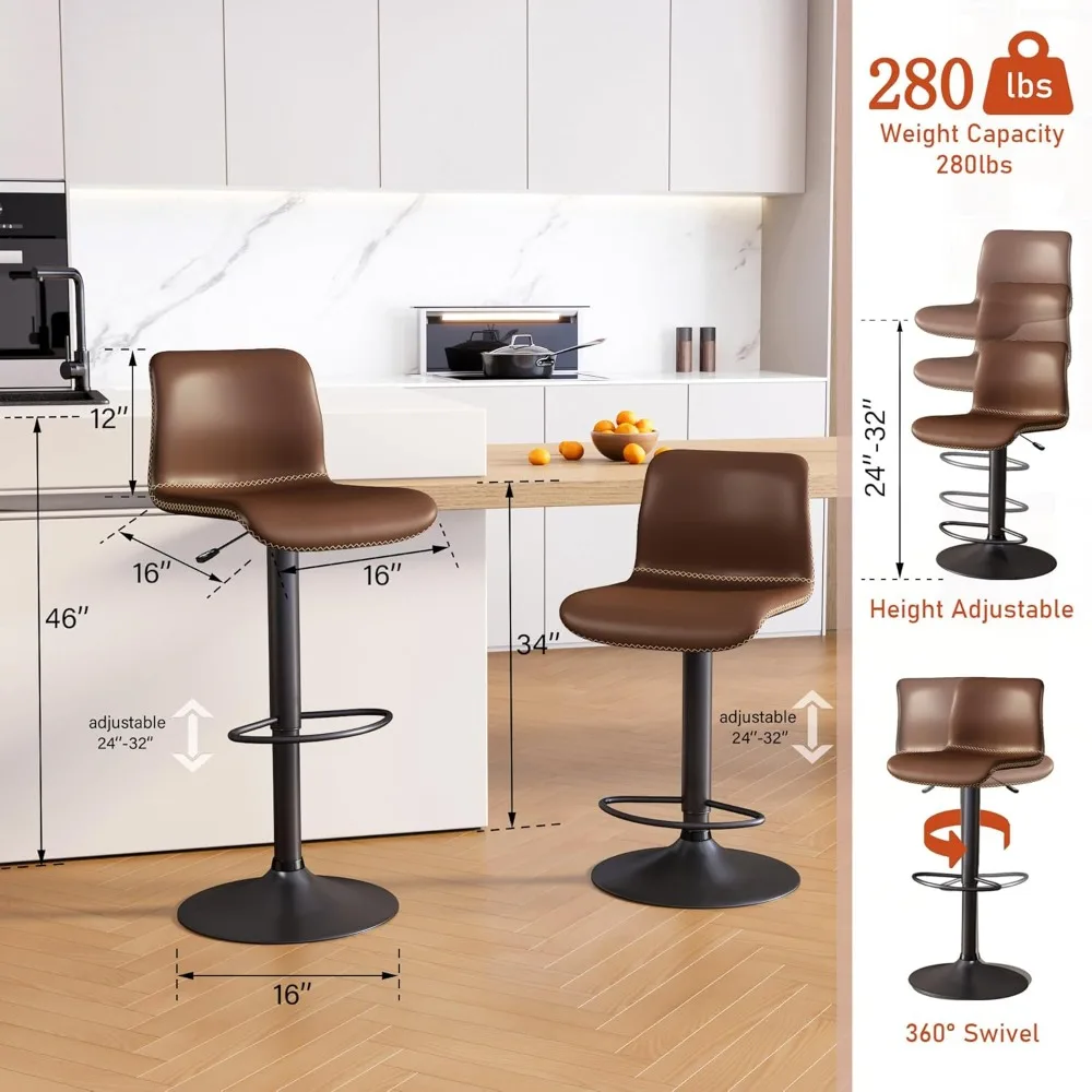 Swivel Bar Stools Set of 2, Counter Height Bar Stools with Back, Adjustable Stool 24" to 32", Brown Faux Leather Stool