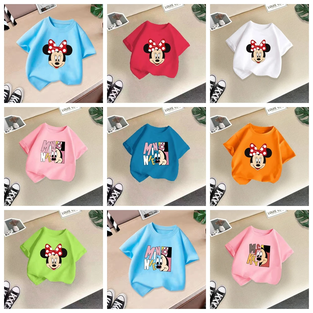 Boys Summer Tees Short Sleeve Casual Girls Cartoon Mickey Mouse Minnie Pajama Tops Kids Clothes Children Cotton Toddler Outfit