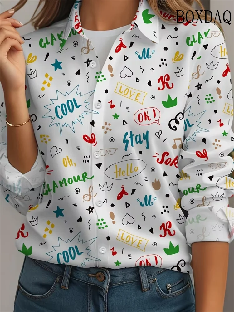 Elegant Fashion Women Printed Shirts Streetwear Casual Blouses Tops 2026 New Loose Lapel Lady Long Sleeve Shirt Female Clothes