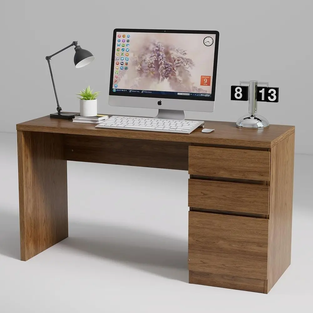 

53-дюймовый деревянный письменный стол для домашнего офиса с местом для хранения, подходит для кабинета руководителя, спальни или гостиной (коричневый)