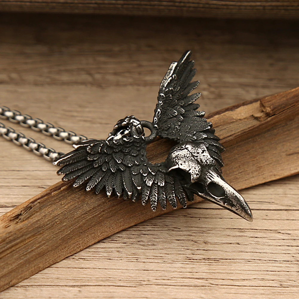 Vintage Punk Raven Skull Black Wing Pendant Necklace Men Women Stainless Steel Biker Unique Animal Amulet Chain Jewelry Gifts