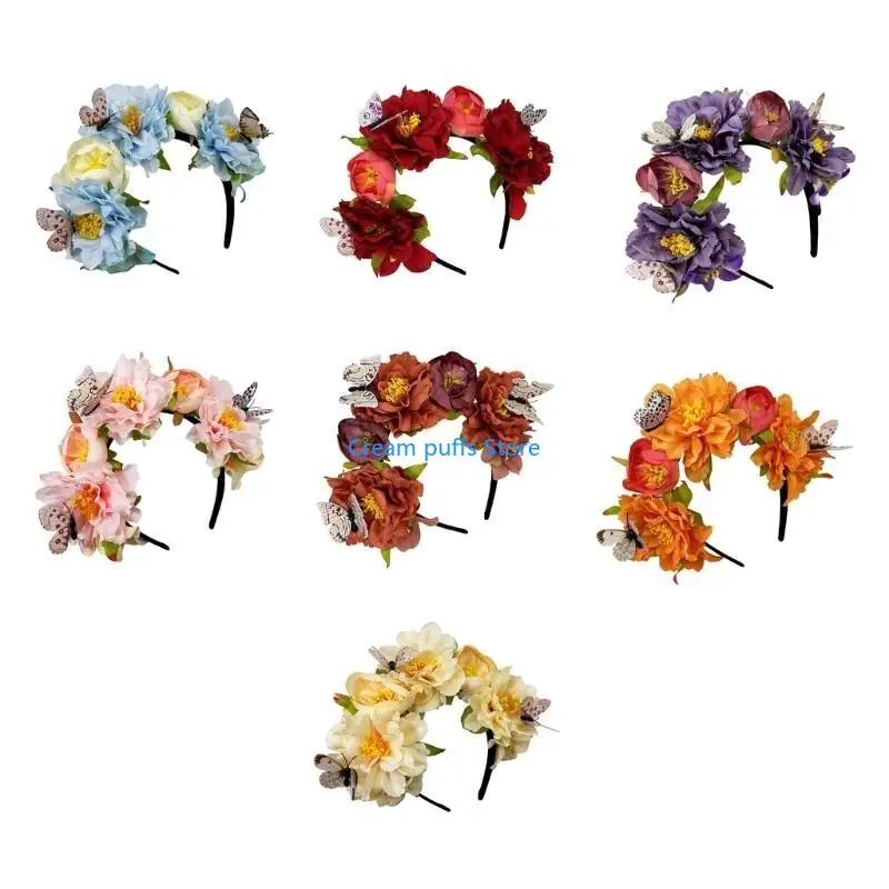 50Le Butterfly Flower Headband voor bruiloft Bruid Ethnic Mexico Haarband Cosplay Kostuum kopstuk Volwassen muziekfestival