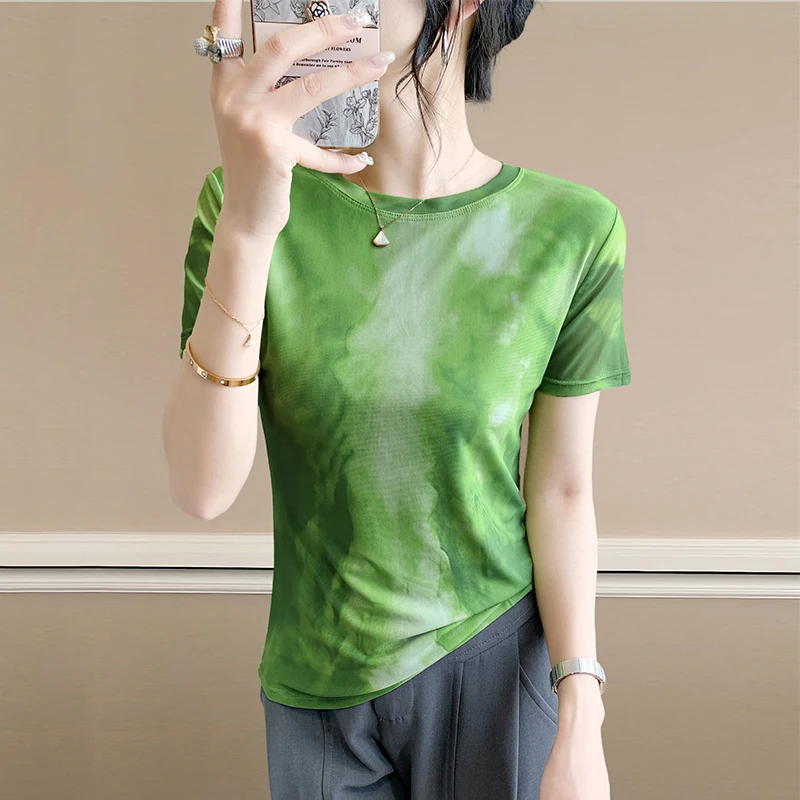 

Faionable round Ne T-irt Women's ort Sve Summer Wear Dyed Me Printed Slimming Top Korean Sle Commute Wear