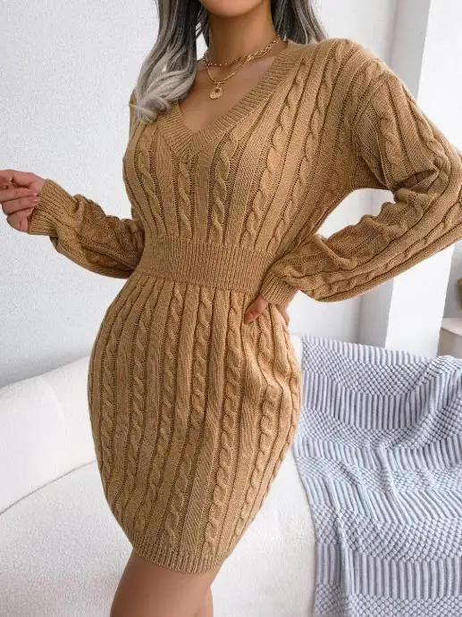 

Real Time Shooting of Autumn and Winter Fashionable Waist Closing Fried Dough Twists Buttock Wrap Dress Wool Dress for Women