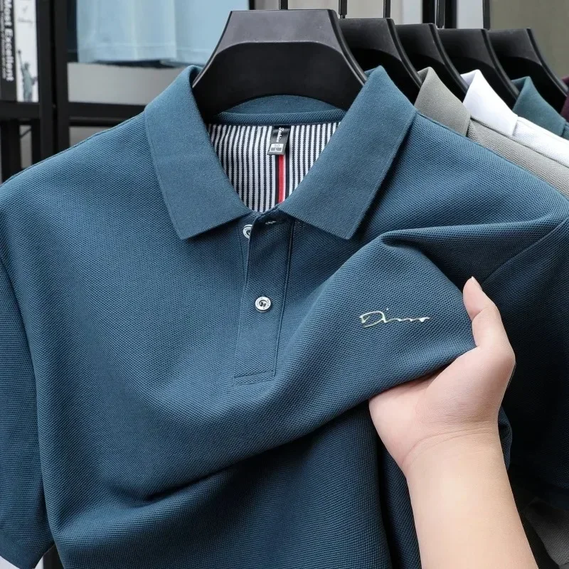 

100%pure Cotton Short Sleeve Polo Shirt Men's New Fashion Letter Embossed Business Casual Solid Color Summer Lapel Polo Shirts