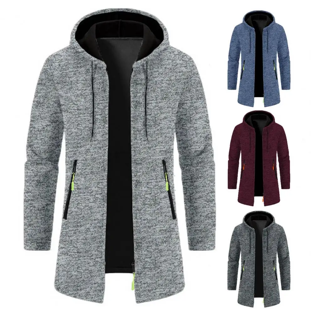 Men Coat Hooded Drawstring Long Sleeve Solid Color Mid-length Jacket with Pockets Zipper Closure Thin Knitting Outwear