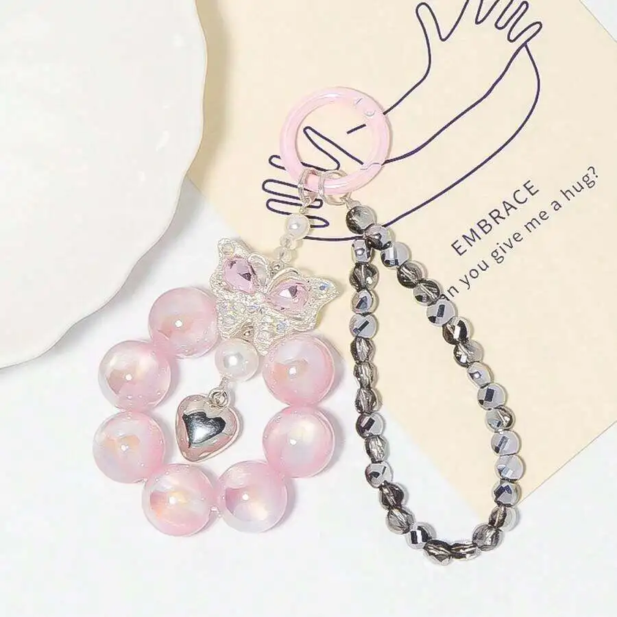 

Cute Candy Pink Resin Bead Keychain With Butterfly Charm And Chain For Phone Bag