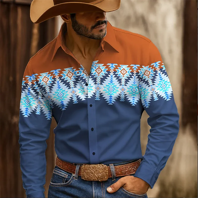 Vintage 3D Leaf Print Pattern Long Sleeve Shirt Men's Long Sleeve Button Collar Casual Shirt Fashionable Men's Shirt