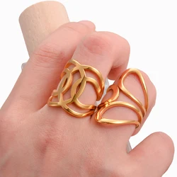 Women Stainless Steel Rings Gold Color Hollow Out Geometric for Female Finger Jewelry Gift