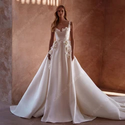 2024 White Satin Wedding Dresses For Women 3D Flowers Sleeveless A-Line Bridal Gowns Simple Styles Court Train Vestidos De Novia