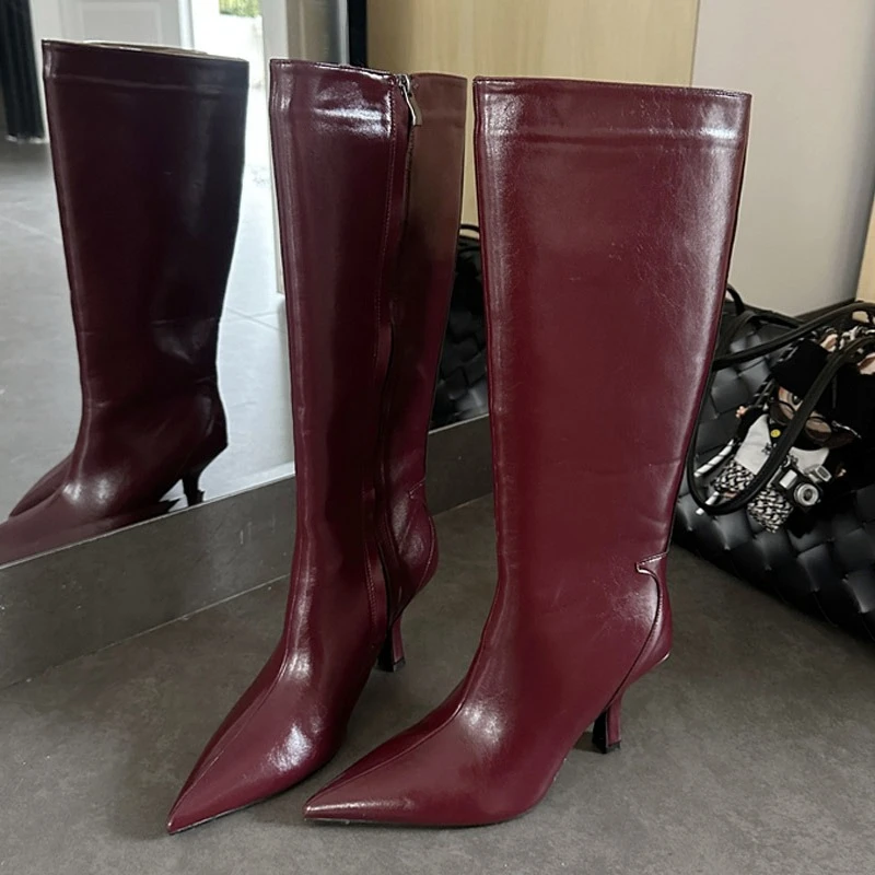 Aneikeh Autumn Winter Women Wine Red Shiny Leather Knee High Boots Pointed Stiletto Heel Side Zip Office Dating Fashion Boots