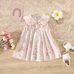 Baby Girl Dress 0-3 Year Old Summer Girl Full of Flower Print Lapel Fold Sleeveless Princess Dress