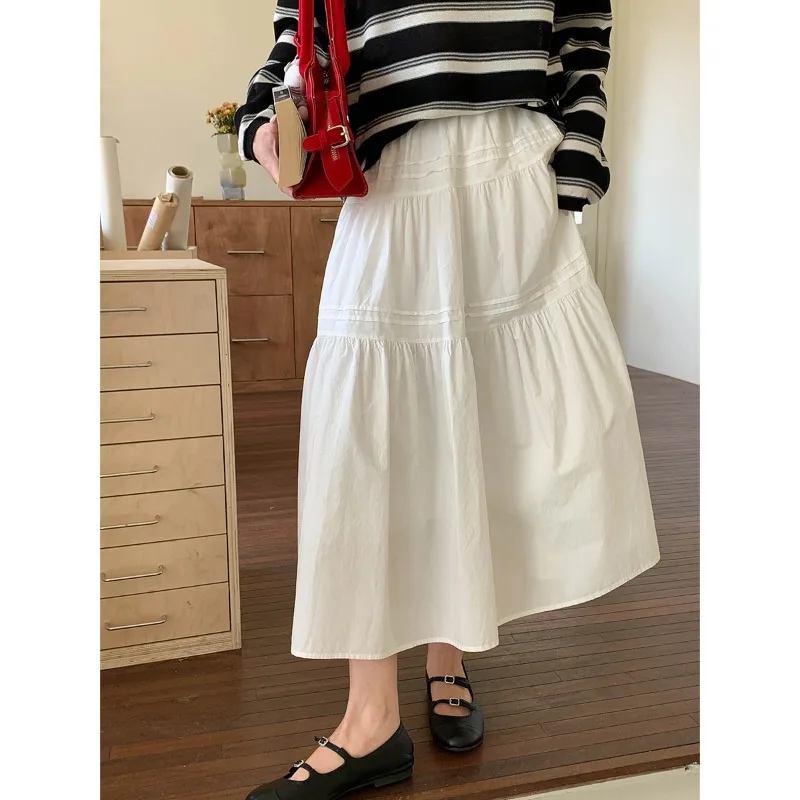 Saia Longa Branca Feminina de Verão 2026, Estilo Boho Elegante, Saia A-Line de Algodão, Cintura Alta, Saia Longa Feminina