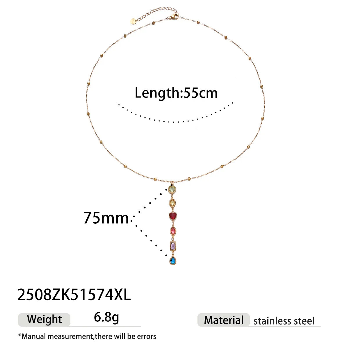 Edelstahl-Halskette mit farbigem Zirkon und Quaste, luxuriöse lange Halskette mit herzförmigem Perlenanhänger, Zirkon-Quaste, nicht verblassender Schmuck – Detail 2