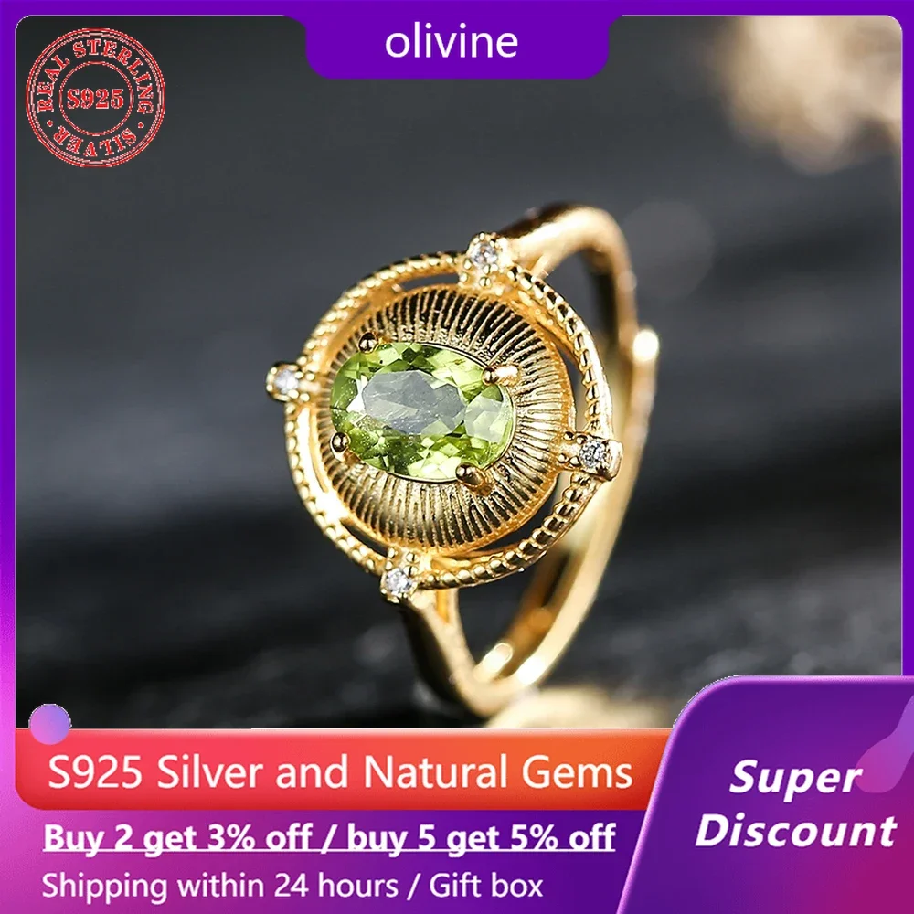 

Palace style S925 pure silver 18k gold ring inlaid with natural crystal olivine, women's ring, wedding accessories birthday gift