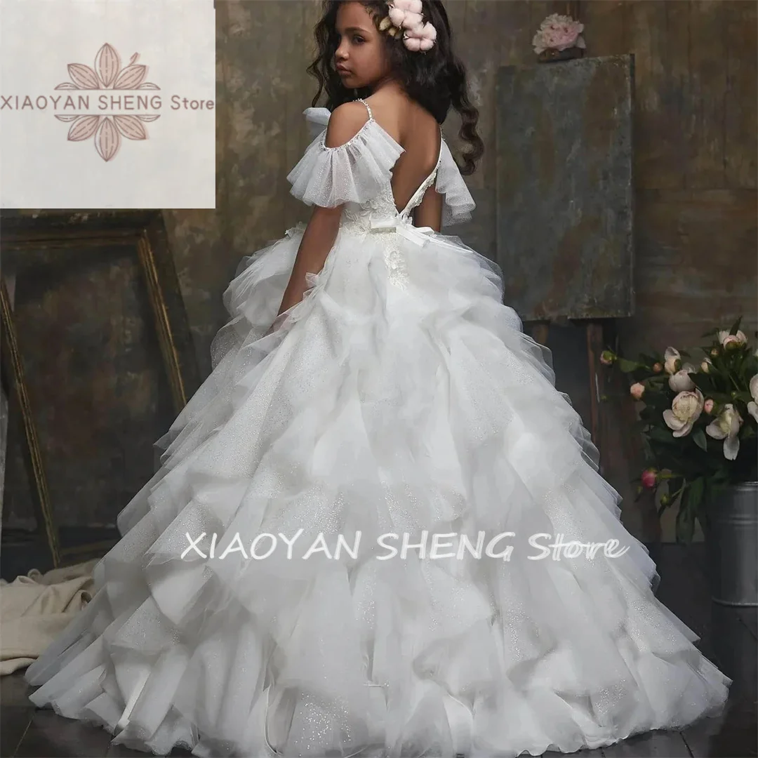 

Tulle Puffy Flower Girl Dress For Wedding Floor Length Layered Beading Backless Sparkle Kids Birthday Party First Communion Gown