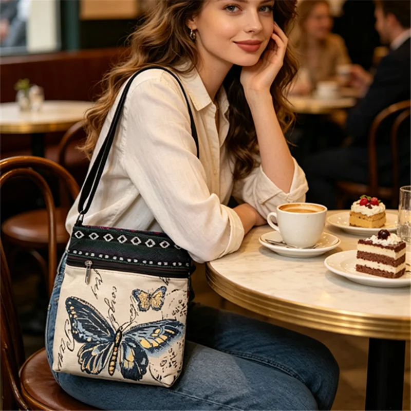 Bohemian Butterfly Owl Canvas Crossbody Bag Double Sided Gold Embroidered Canvas Bag Beach Daily Womens Casual Handbag Purse view 3
