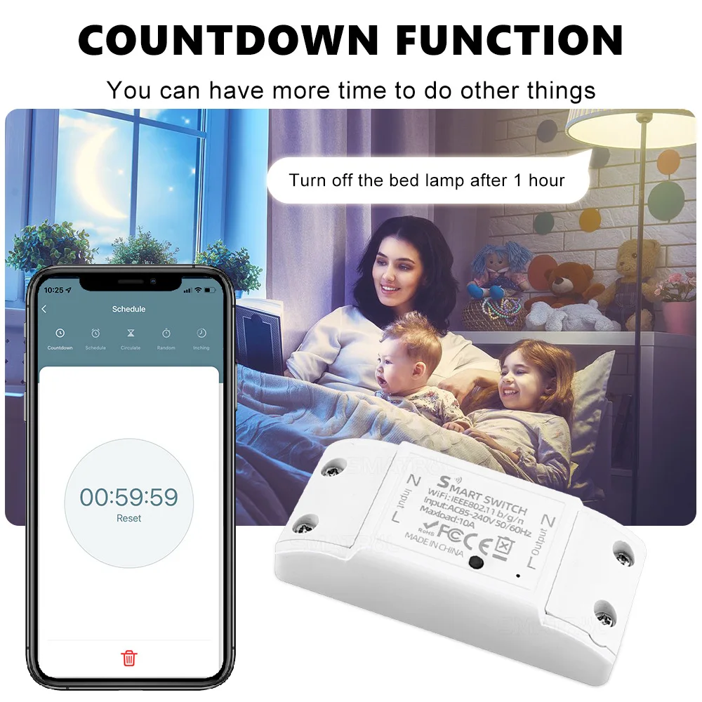 10A WiFi Smart Light Switch Universal Breaker Timer Tuya Smart Life APP Control Modules for Basic R2 Work with Alexa Google