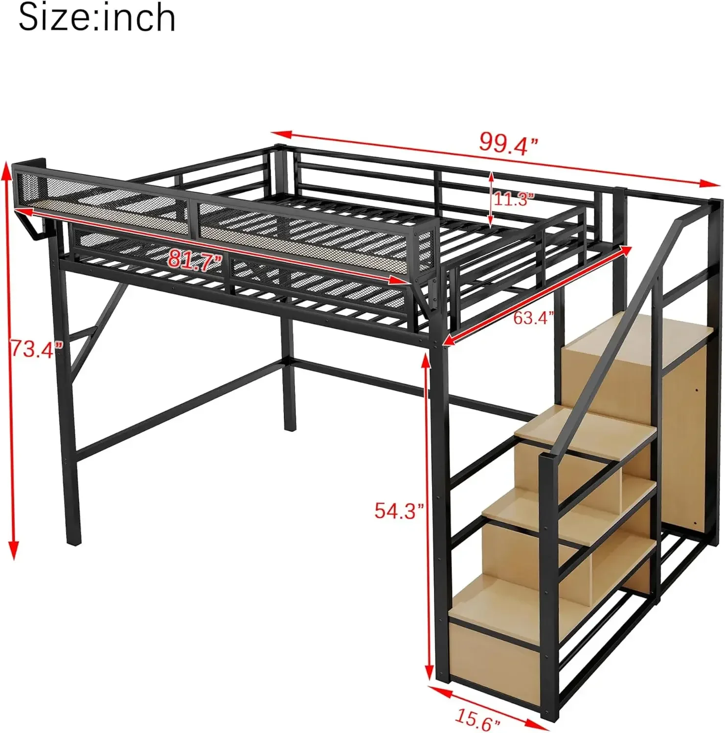 KEIKI Queen Size Metal Loft Bed Frame with Convertible Staircase, Built-in Storage Shelves & Wardrobe, Loft Bed with Solid Slats