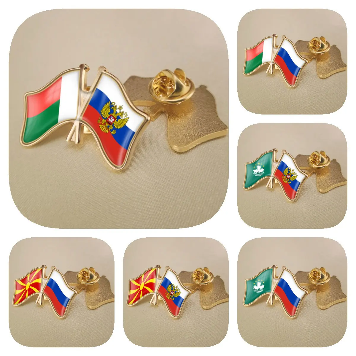 Russian Federation and Macao Macedonia Madagascar Double Crossed Friendship Flags Brooches Lapel Pins Badges