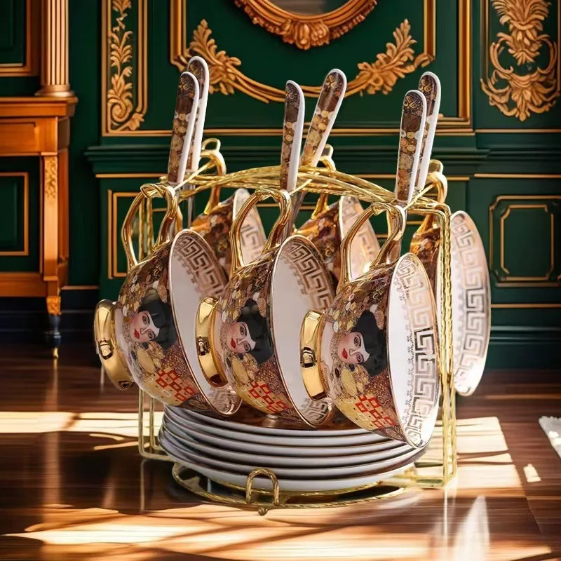 

European Bone China Coffee Set Luxury Porcelain 6 Tea Cups Saucer Set with Gold Rack Ceramic Coffee Cups Afternoon Teatime Cafe