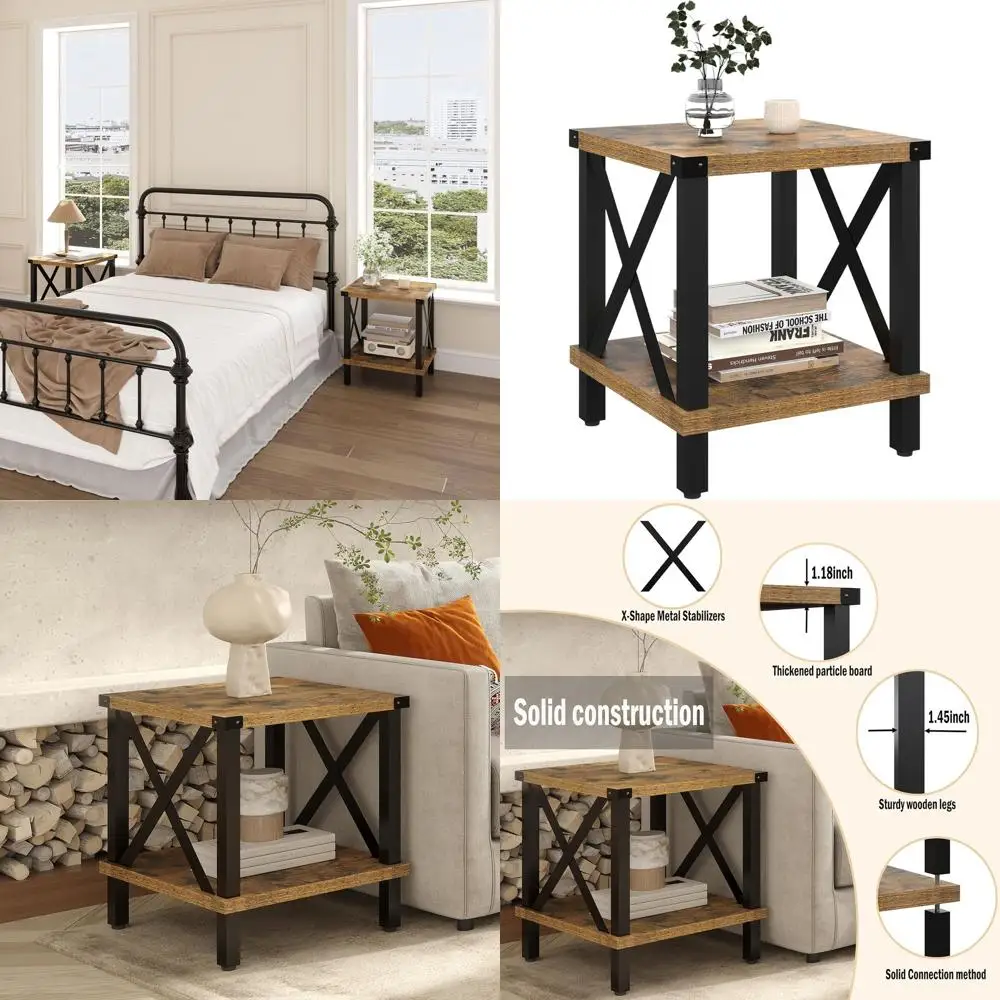 

Industrial Style Metal and Wood End Table with Storage Shelf for Living Room and Bedroom