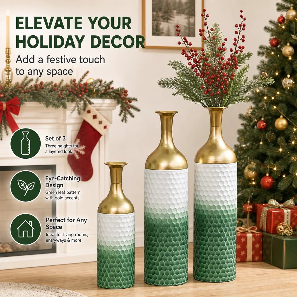 Set of 3 Green White Metal Floor Vases, 24, 28, 32.3 in, Green Leaf Pattern, Glazed Finish, Handcrafted Thick Metal, Lightweight, Kid & Pet Safe,Pebble-Stabilized,Perfect for Artificial Flowers,Dried Branches, or Solo Display, Living Room Entryway Decor