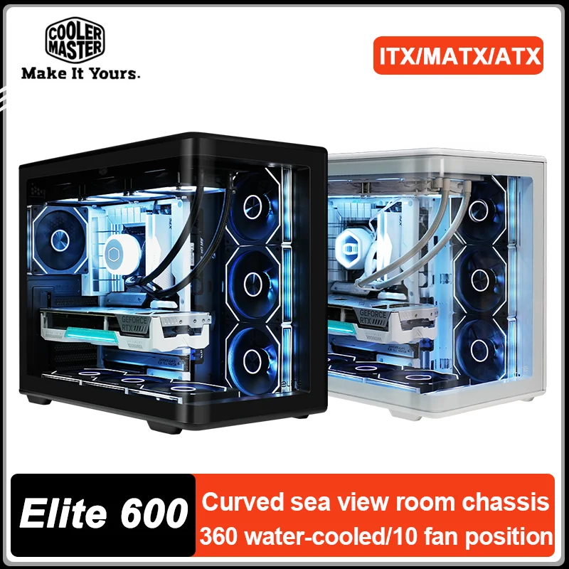 حافظة كمبيوتر مكتبي Cooler Master Elite 600 ATX بتصميم متكامل من الزجاج المنحني لعرض البحر يدعم تبريد المياه 360 درجة من النوع C