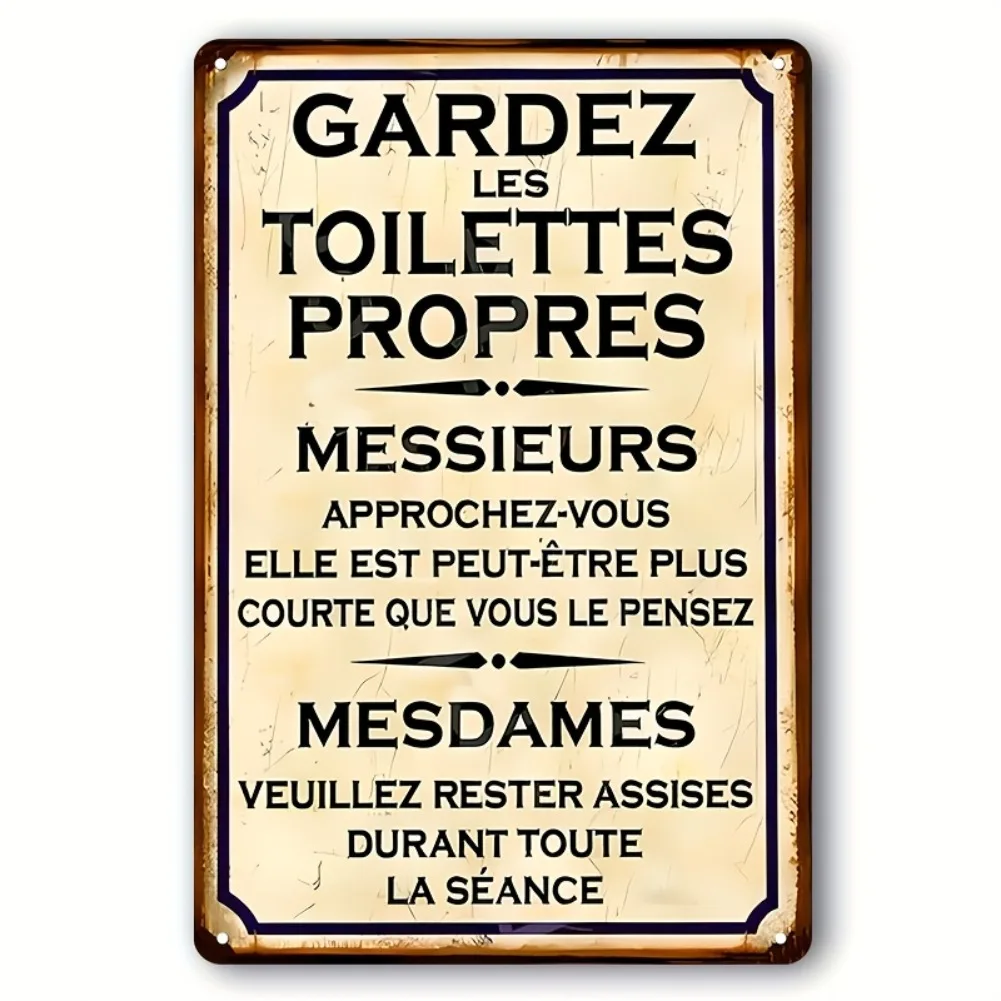 Vintage French Bathroom Sign - 8x12 Inch Iron Wall Art with Humorous Toilet Rules, Rustic Distressed Design, Waterproof Poste