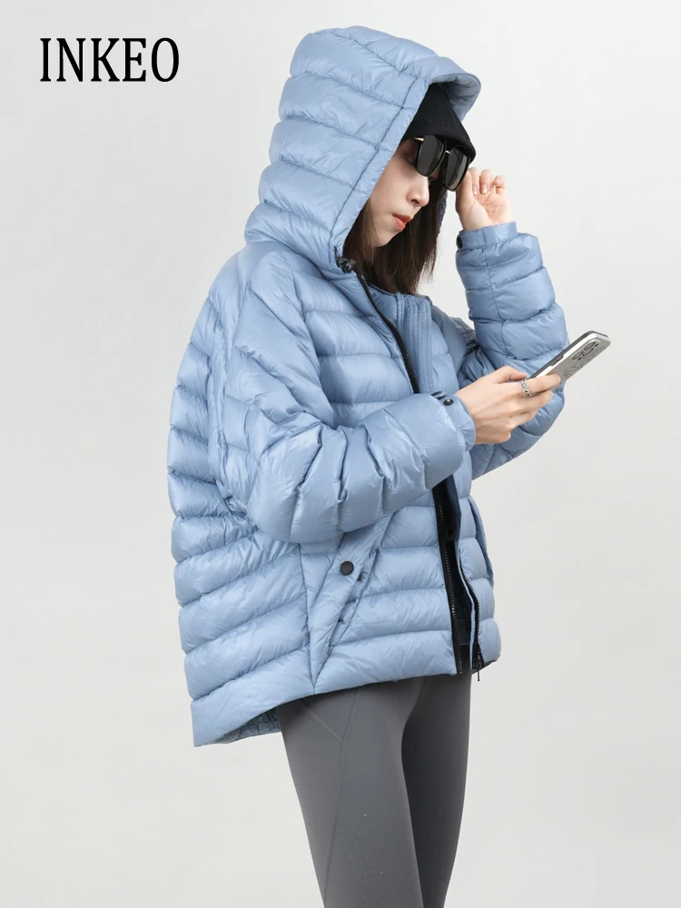 

Casual Women Hooded adjustable waist down jacket Solid Oversized Blue Gray Batwing sleeve puffer coat 2023 Autumn winter 3O257