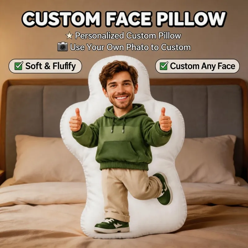 Custom Personalized Photo Face Pillow, Smiling for Man Green Hoodie Thumbs Up Custom Shaped Decorative Cushion, Unique Home Deco