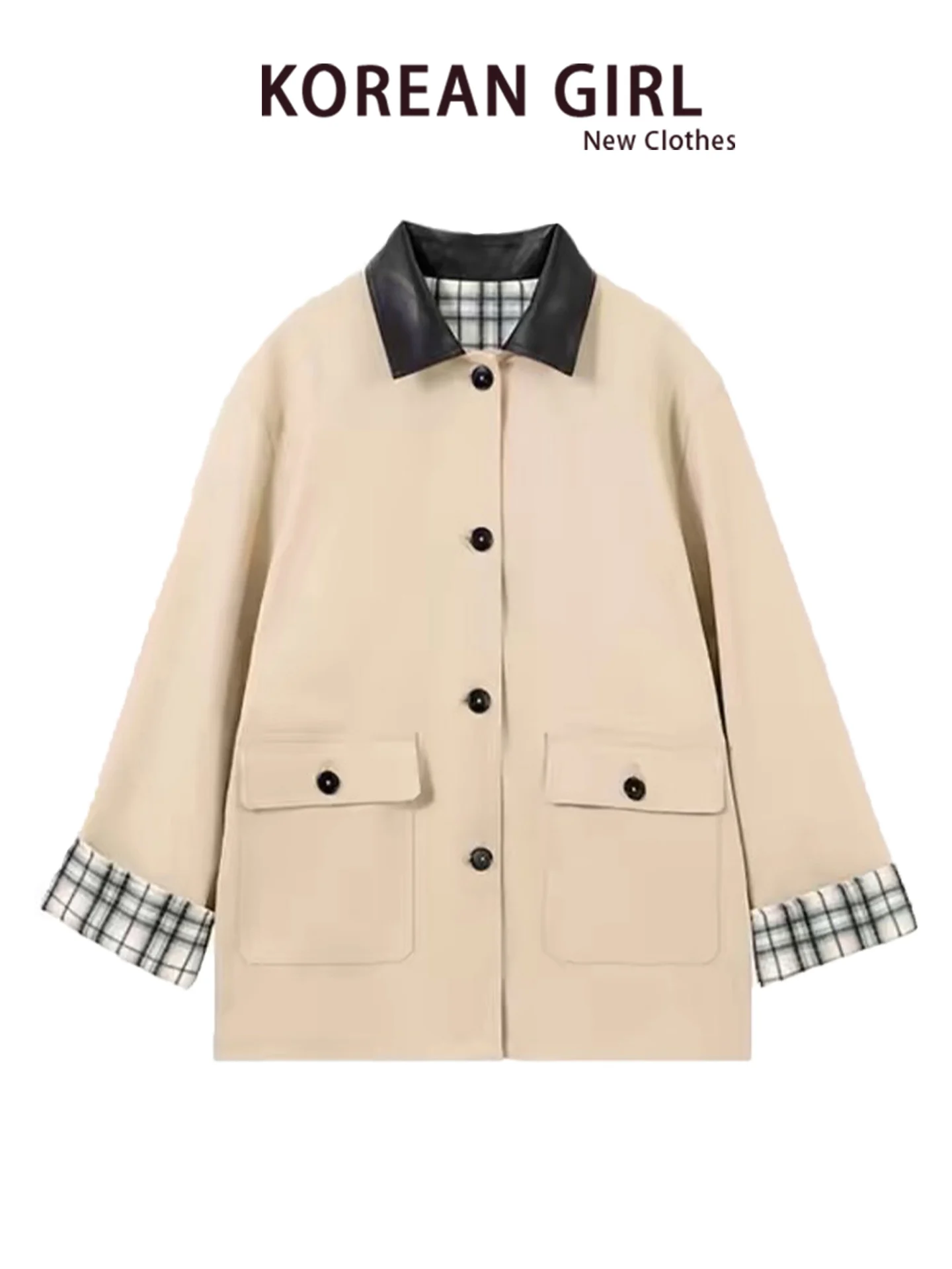 Khaki Color Barn Windbreaker Coat Women's 2026 Autumn New Korean Style Color Block Plaid Splicing Medium Length Coat