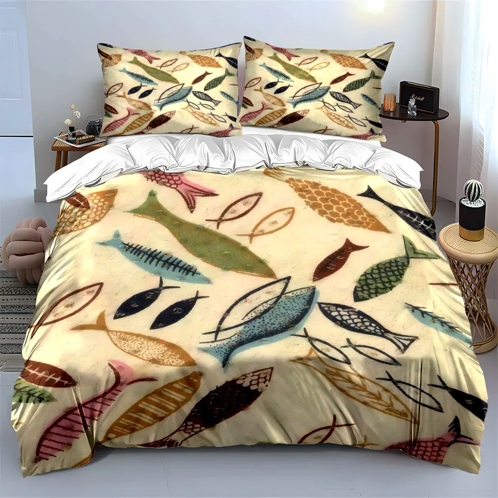 

3Pcs Vintage Fish Pattern Bedding Set, Retro Textured Print Duvet Cover + 2 Pillowcases, Rustic Decor