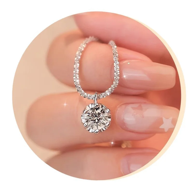 Sparkling Sterling Silver Necklaces Women\'s Fashion Versatile Chain Clear Zircon Pendant Clavicle O-Chain Necklace for Women