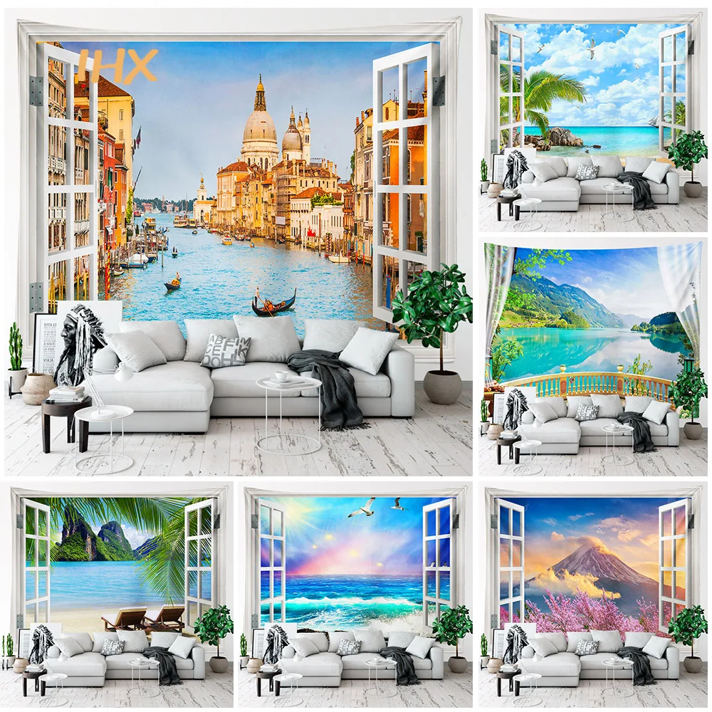 

Window Tapestry Landscape Mountain Forest Boho Hippie Scenery Aesthetic Tapestry Wall Hanging Room Decor Bedroom Decoration Home