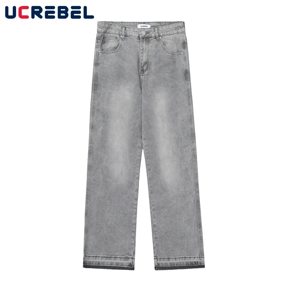 

Raw Edge Denim Pants Men Streetwear Loose Straight-leg Pants Washed Distressed Casual Jeans Men