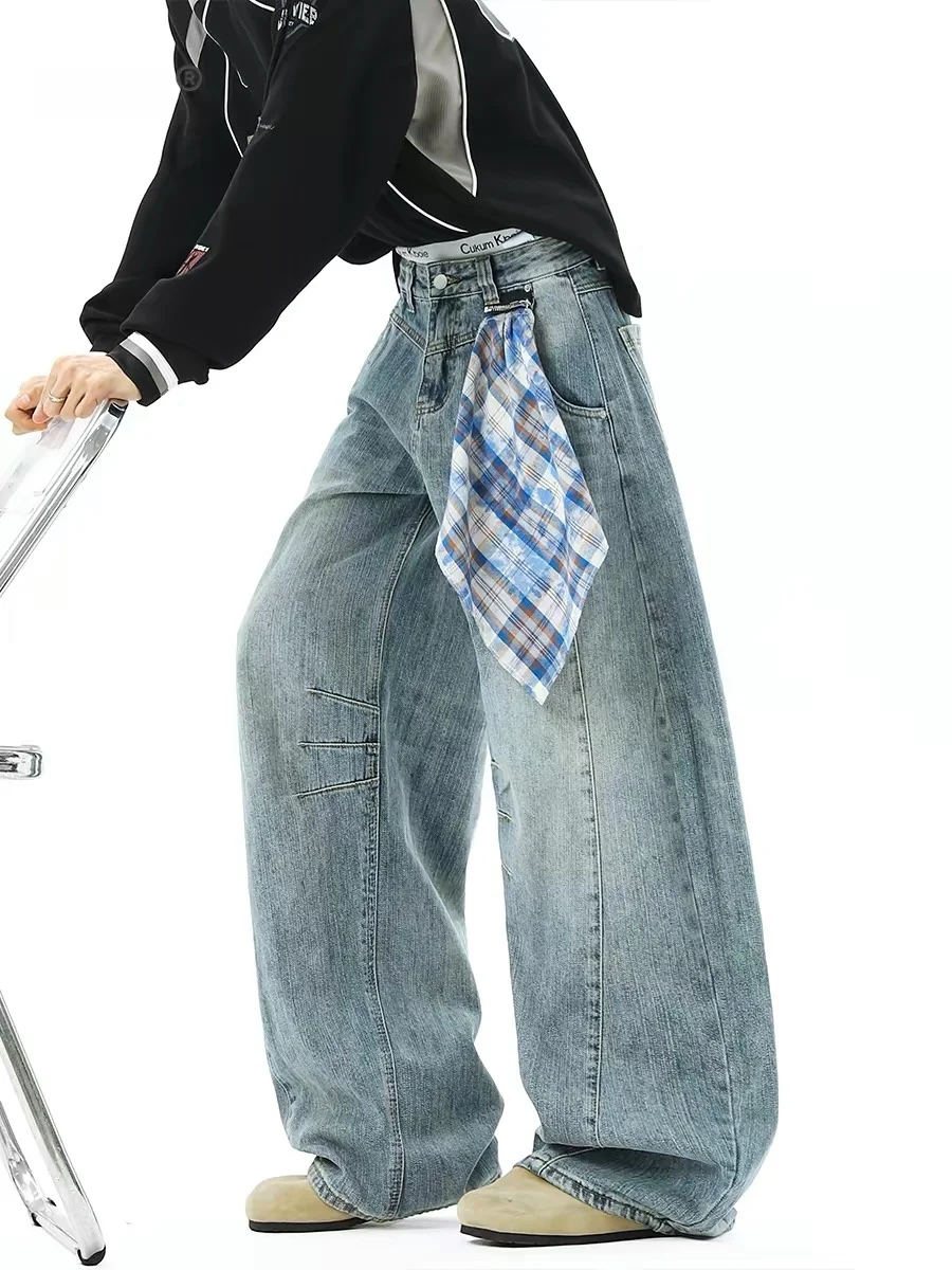 

Cleanfit Blue American Waed Curved Knife Jeans Women's Small Size Loose Baggy Dra Scythe Long Pants Casual High Waist