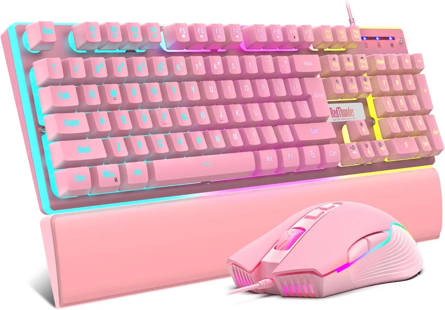 

Игровой набор RGB: клавиатура и мышь с подставкой для запястья, механическое ощущение, мышь 7D 7200 DPI, розовые аксессуары для ПК-геймеров