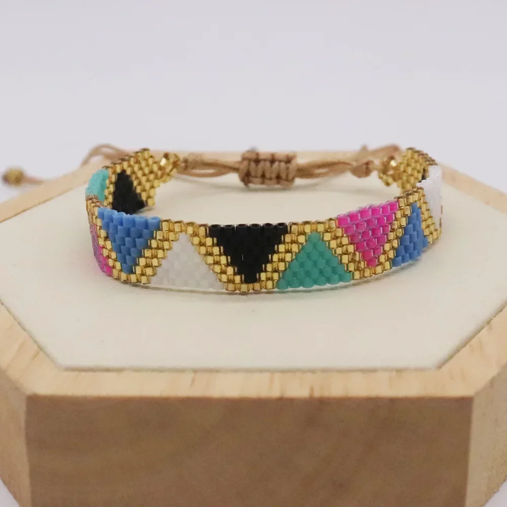 Bohemian Triangle Rainbow Gradient Color Beaded Bracelet for Women Adjustable Hand-Knitted Simple Rice Bead Jewelry