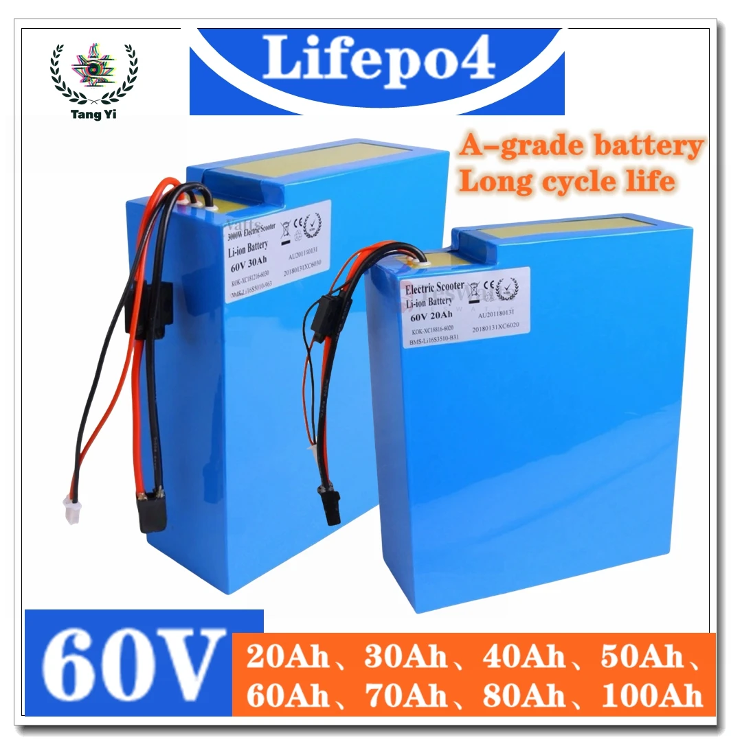 

60V lithium iron phosphate battery 20-100Ah, suitable for multiple specifications, 2-5KW motor power supply+charger