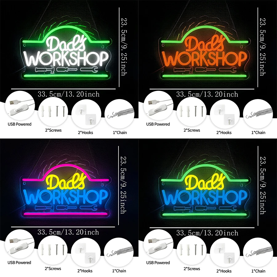 Dad'S Workshop Led Neon Sign, Used For Wall Decor, Auto Repair Shop, Man Cave, Garage, Club, Bar Art Wall Lamp, Gift For Dad.