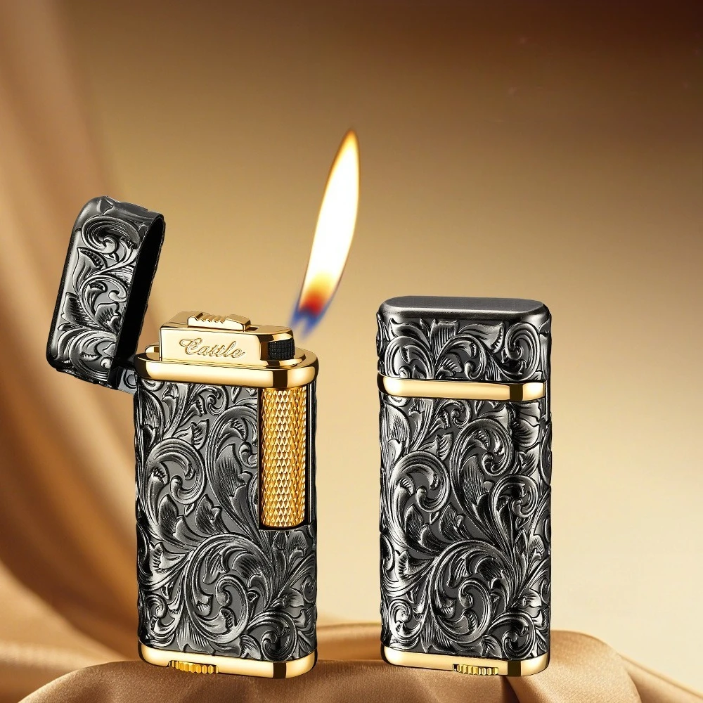 New Embossed Classic Fashion Side-sliding Ignition Grinding Wheel Oblique Fire Point Pipe Inflatable Lighter, Men's Holiday Gift