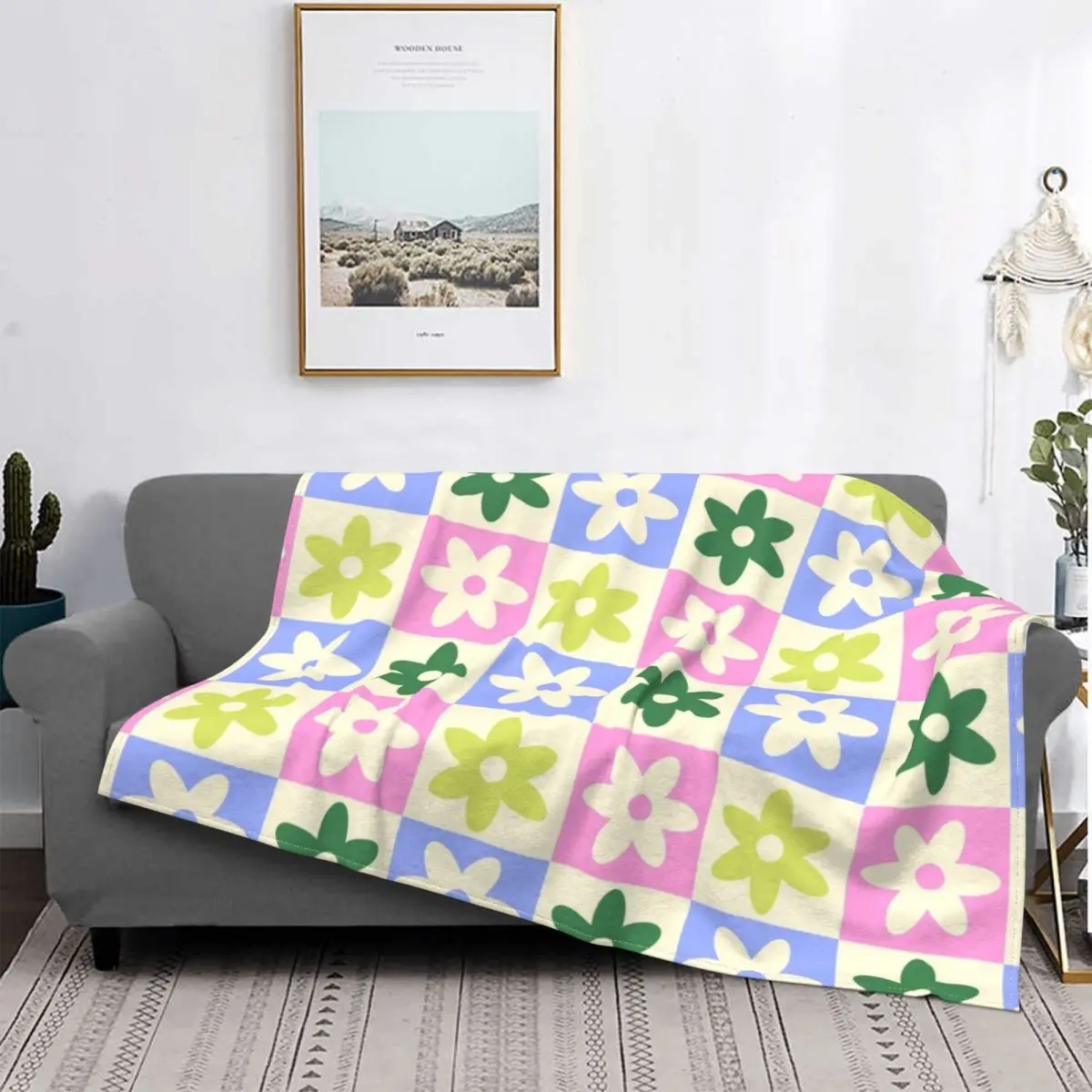 

Pastel Floral Checkerboard Print Blankets Flannel Printed Flowers Breathable Soft Throw Blankets for Sofa Car Quilt