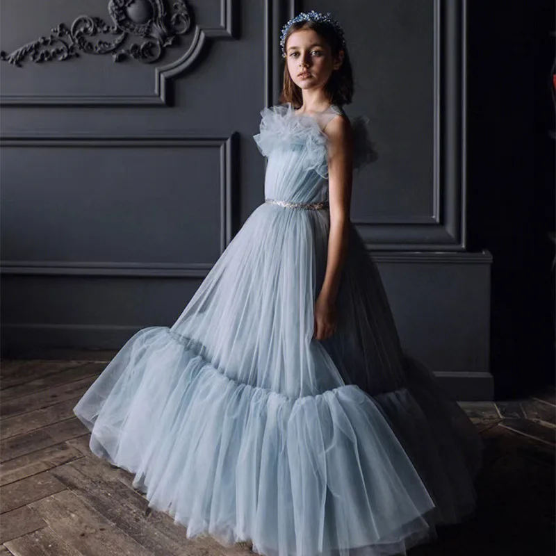 Children's Dresses 2025 New Flower Girl Long Blue Gauze Gown Evening Dress Ball Catwalk Piano Performance Princess Customized