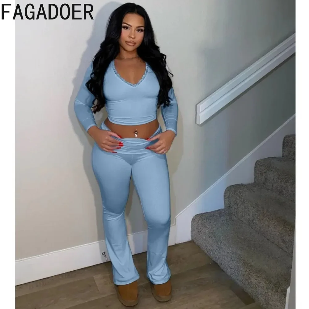 FAGADOER Autumn New Lace Splicing Home Two Piece Sets For Women Round Neck Long Sleeve Crop Top And Skinny Pants Outfits 2024